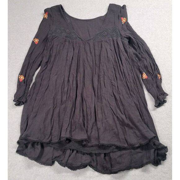 Free People Black Floral Embroidered Mini Dress Boho Festival Gypsy Mohave Small - Picture 9 of 10